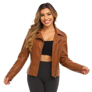 American Culture Ladies Asymmetrical Zip Faux Leather Moto Cognac Brown S M L